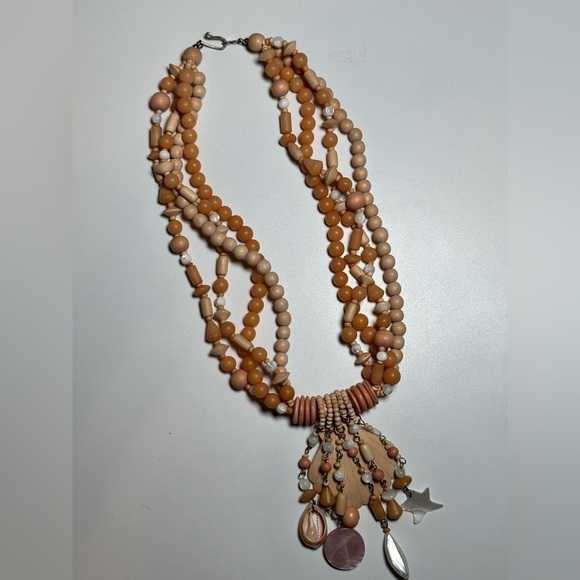 ASSEMBLAGE ART Necklace Beach Shells & Wooden Beads Multi Strand dangles 5348 O - Picture 3 of 12
